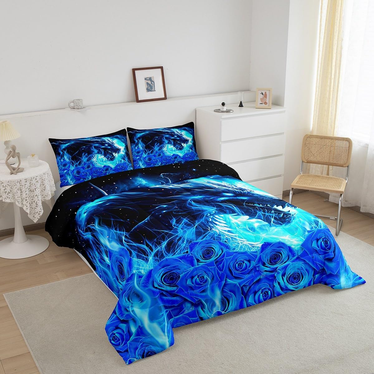 Dragon Comforter Set for Kids Adults,Retro Blue Starry Sky Exotic Animals Bedding Comforter Sets Queen,Romantic Roses Flowers Farmhouse Style Quilt Comforter with 2 Pillowcases for Bedroom Decor