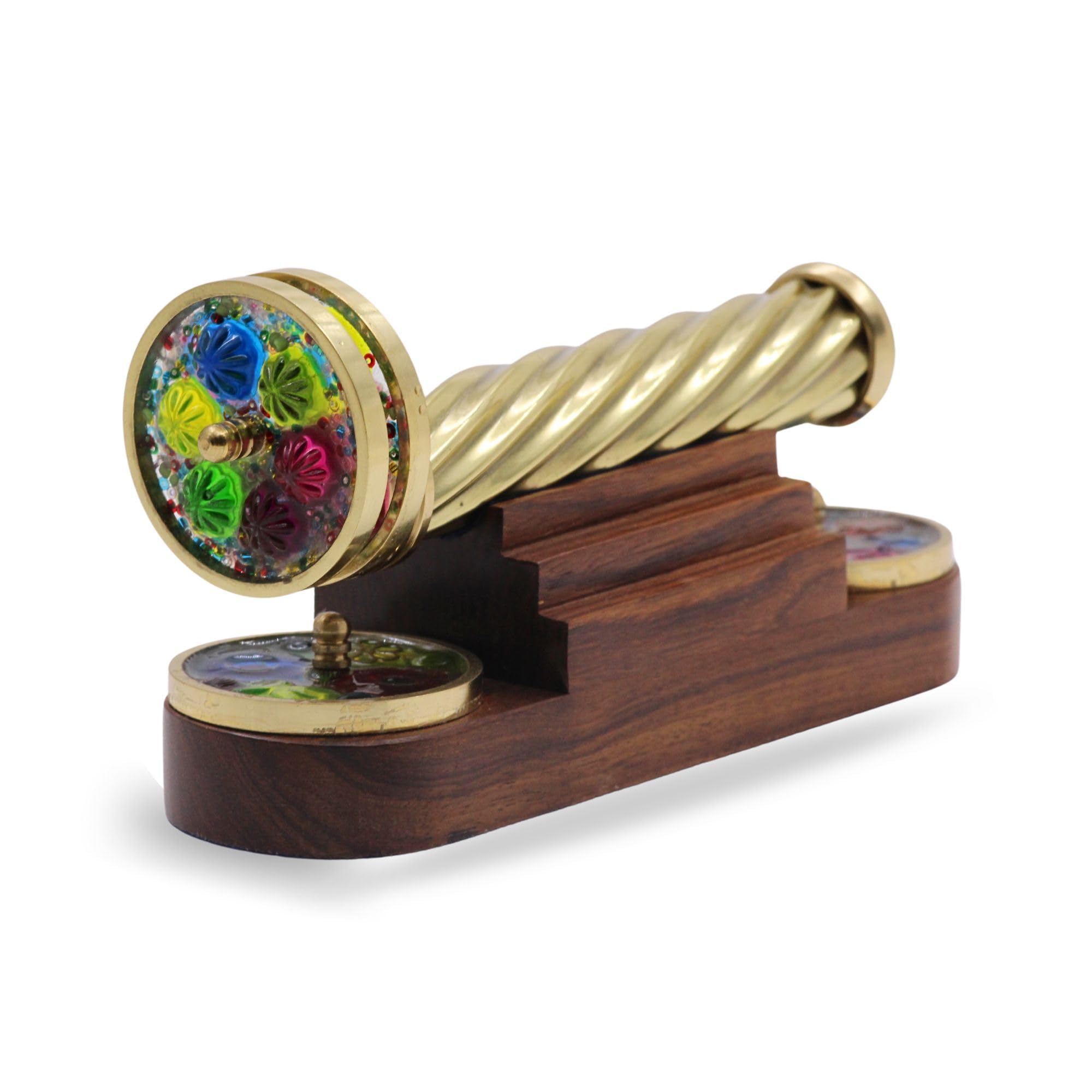 YVCrafts Brass Kaleidoscope with Detachable Pattern Wheels  Optical Toy with Wooden Stand  Handmade Vintage Decor  Creative Gift for Teens, Adults, Designers, and Kaleidoscope Collectors