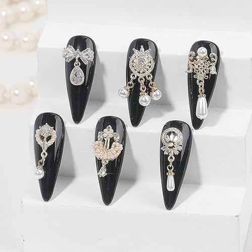 Miniatura 4 de 12 dijes dorados para uñas, arte de uñas de aleación de metal, arte de uñas de circón, perla de cristal, diamantes de imitación, joyería de uñas de