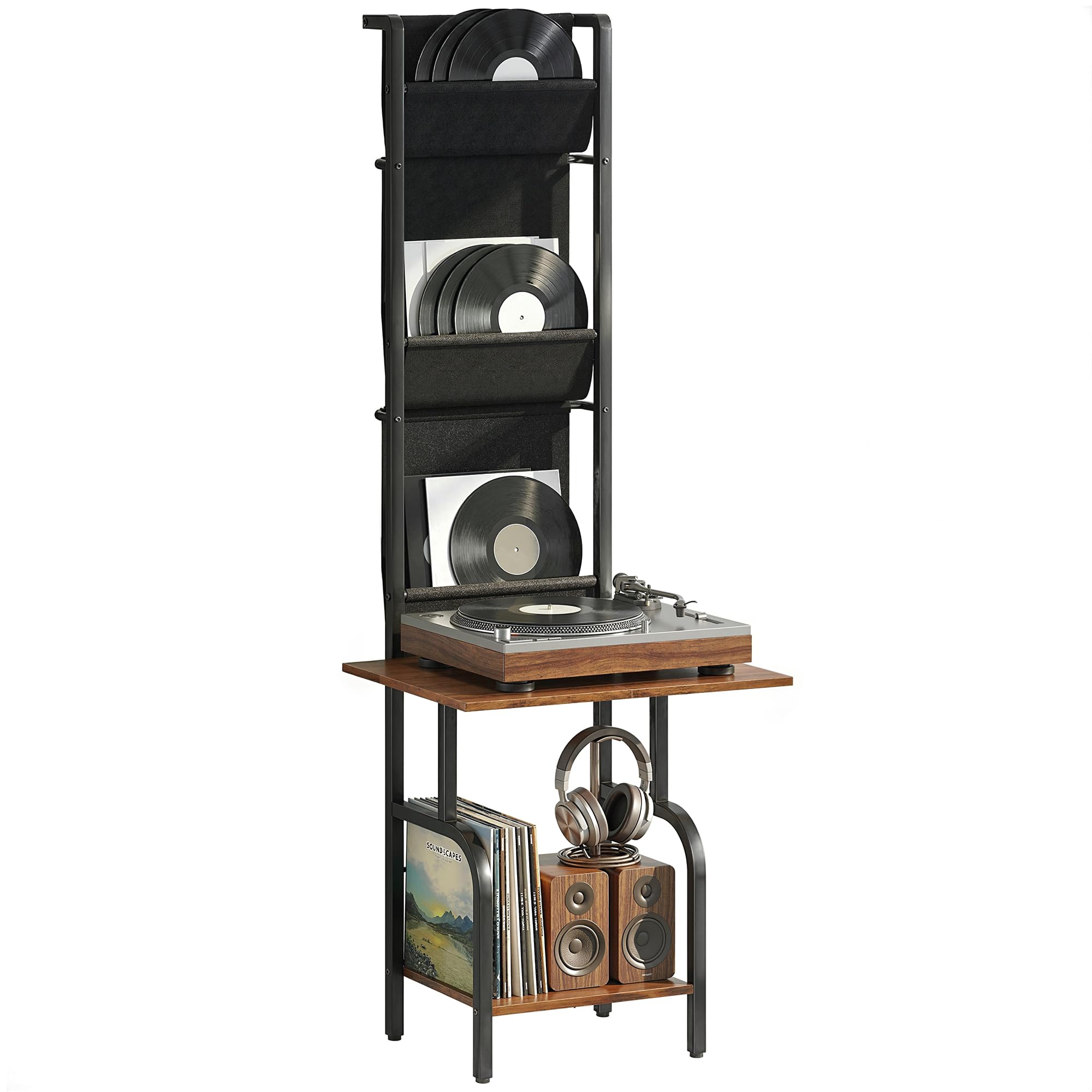 Homcom Brown/Black Vinyl Record Player Stand With Oxford Pockets Rustic And - Rustic - 50 X 48.5 X 144 Cm - 1