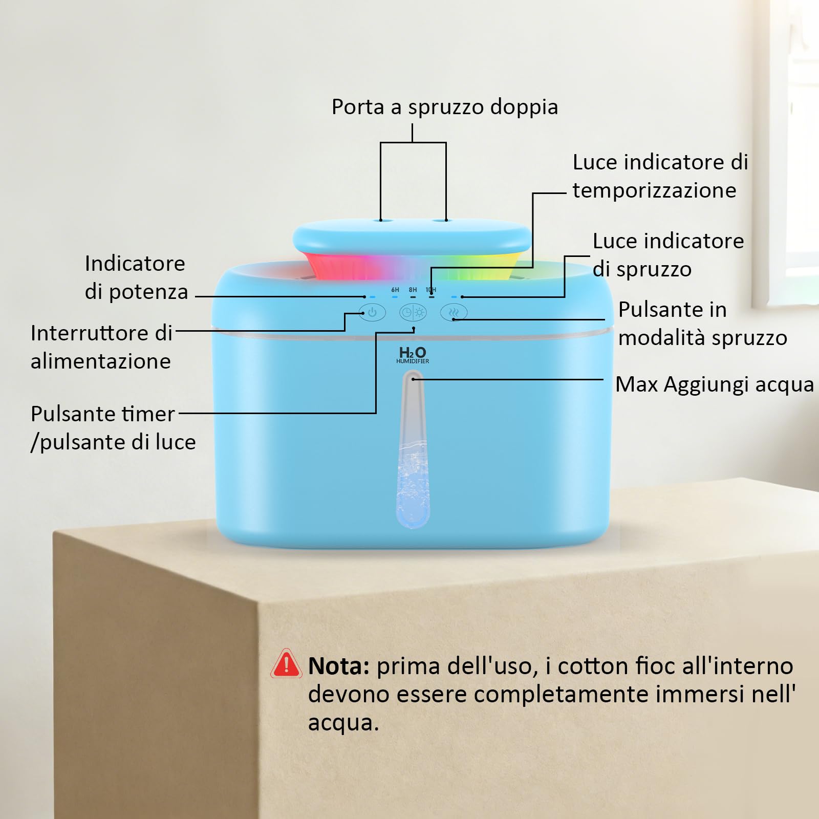 LKV Umidificatore, 2L Umidificatore Ambiente Bambini con Ugello a due vie con Timer Funzione di Autospegnimento e Luce Notturna Silenzioso, Humidifier casa per Bambini Piante e uso Domestico, Blu