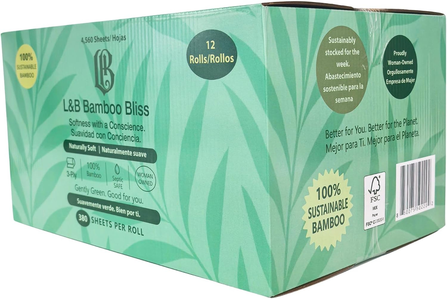 L&B Bamboo Bliss Toilet Paper, 3-Ply, 12 Mega Rolls = 30 Regular Rolls, 380 Sheets per Roll, Septic Safe, Sustainable Bamboo Tissue image 2
