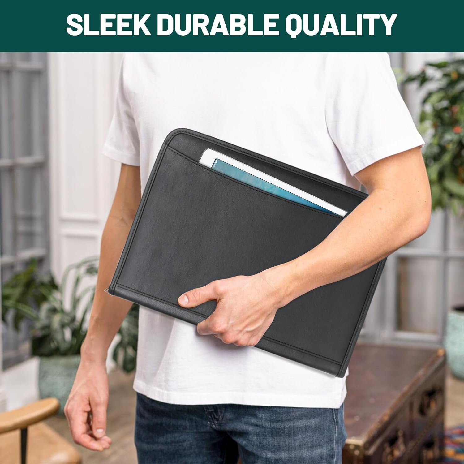 Portfolio Business for Men 10" x 13.5" Padfolio Folder with Zipper, Faux Leather Portfolio for Resume, Documents, Phone, Tablet, Business Supplies and Cards Notebook Organizer with 8.3" x 11.5"Notepad