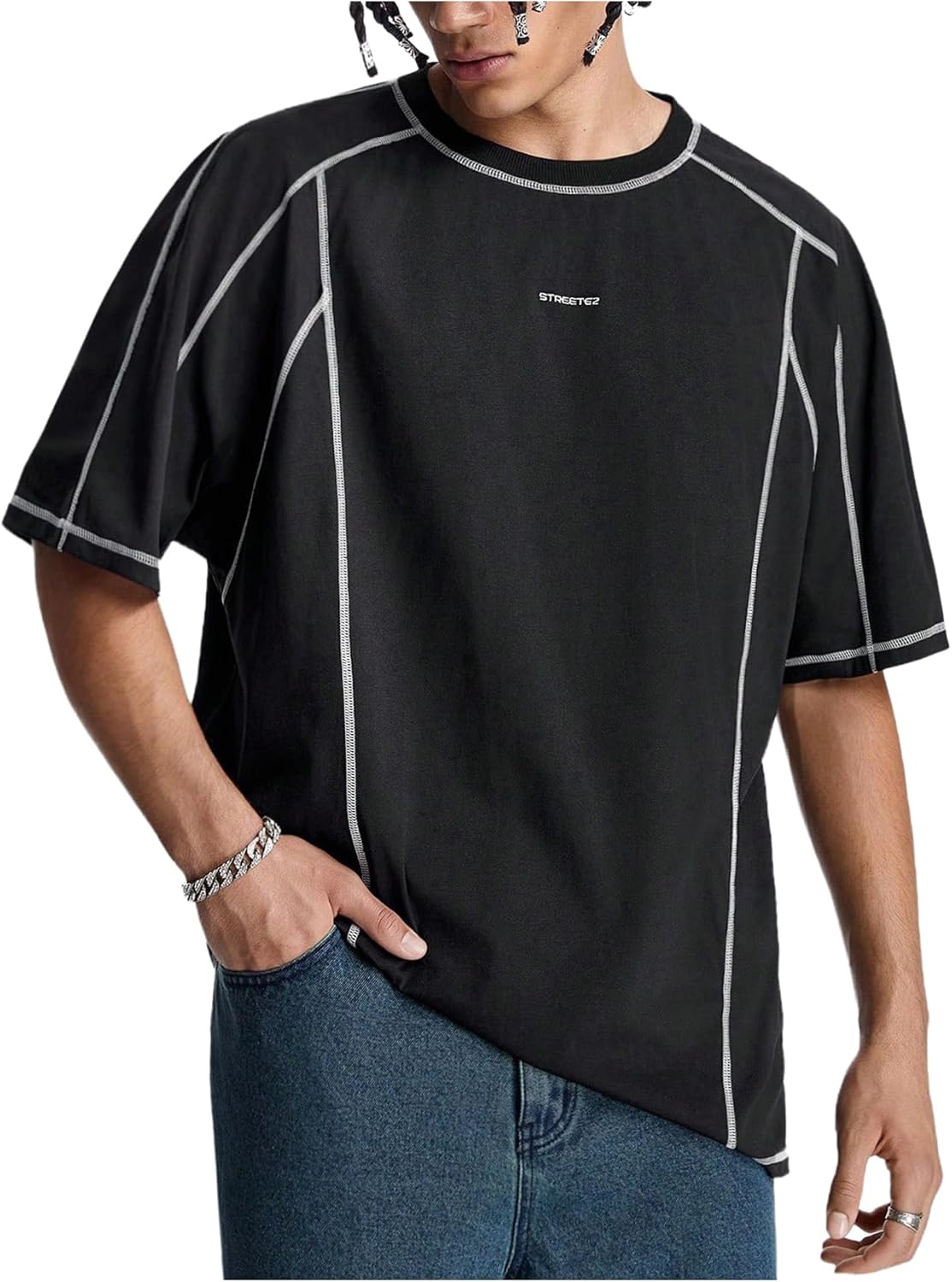 BEAUDRM Men's Letter Print Oversized T-Shirts Y2k Short Sleeve Crew Neck Streetwear Tee Tops