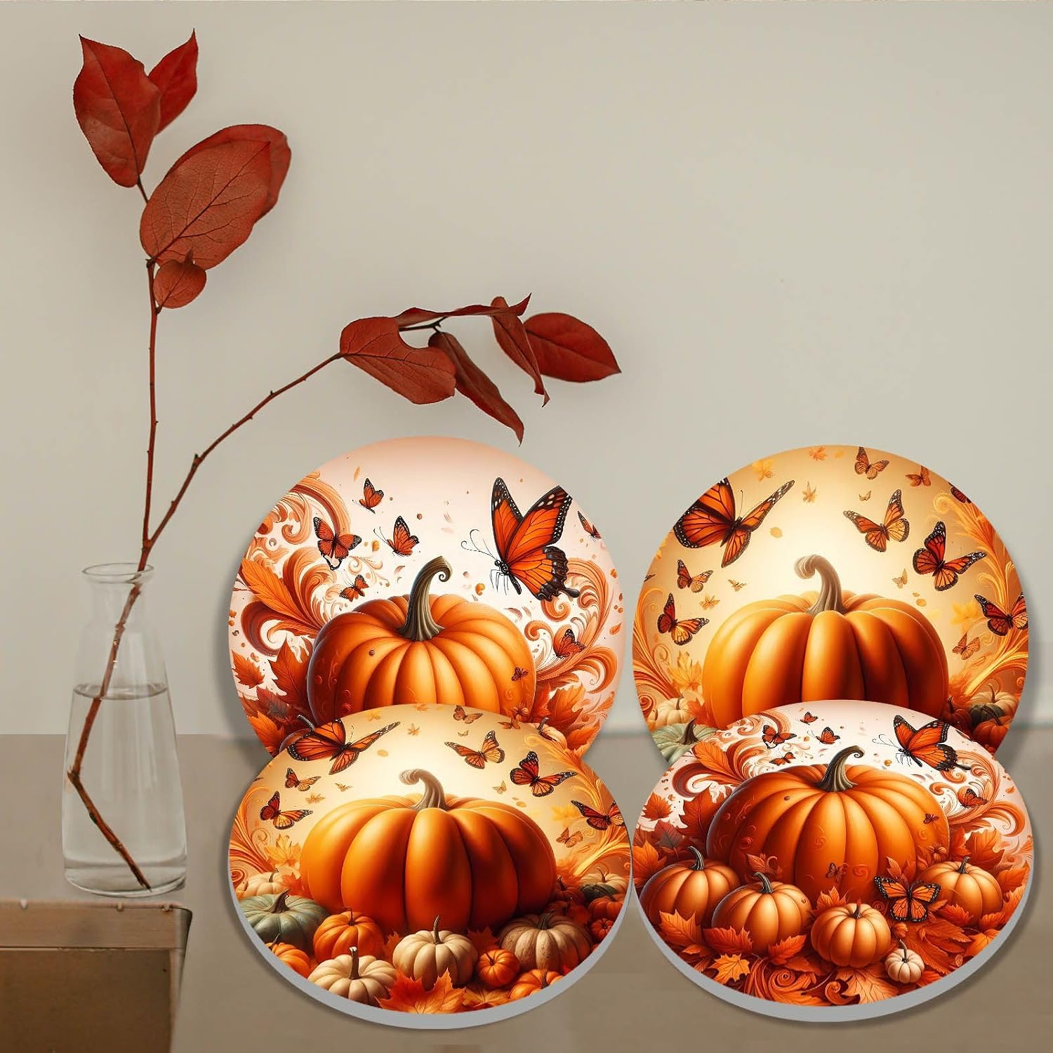 Fall pumpkin butterfly Round stove covers 4 piece set 8 inch and 10 inch metal burner cover for kitchen home harvest thanksgiving seasonal decor Halloween