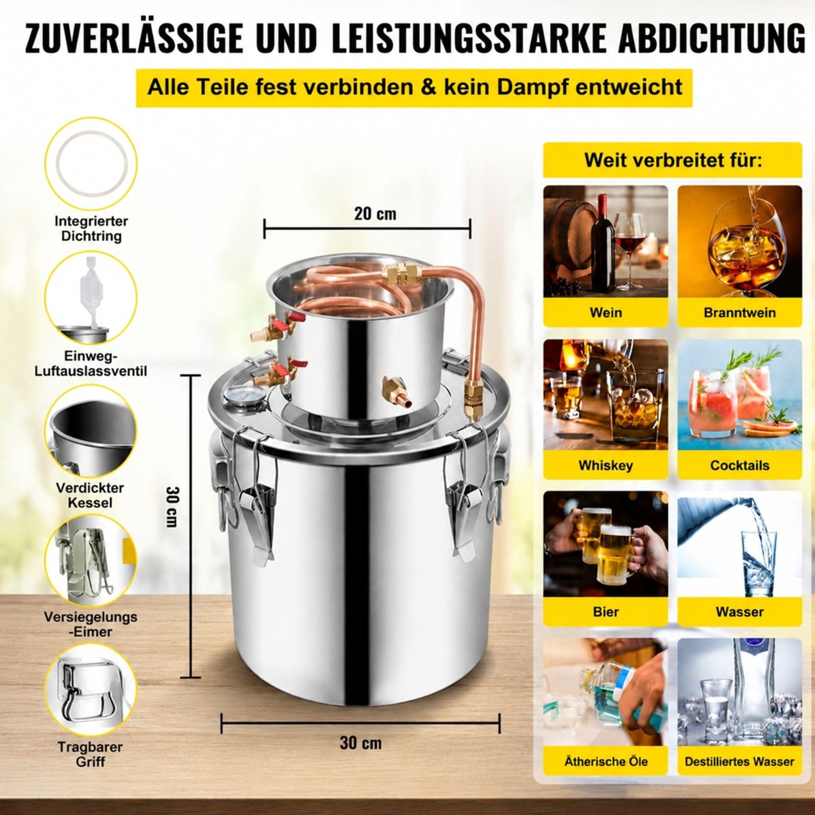 20L Destille aus Edelstahl für Wasser, Set mit Kessel und Kondensator für den Heimgebrauch