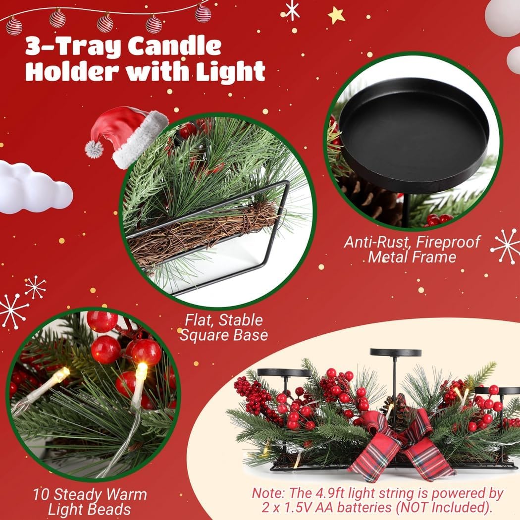 Christmas Candle Holder With Led String Lights & 8 Holiday Honeycomb Ornaments, Santa, Reindeer, And Red Berries Decorations
