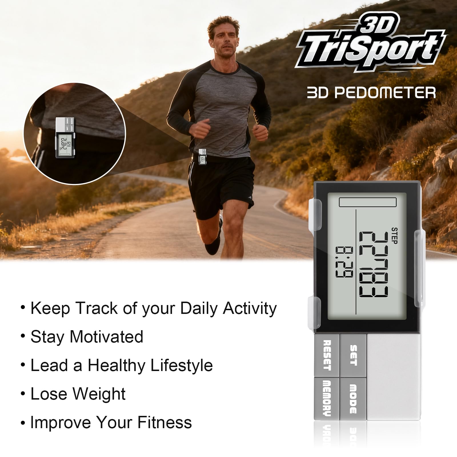 Podomètre pour marcher des pas et des kilomètres, podomètre 3D simple pour la marche, compteur de pas précis et suivi de pas avec clip/cordon, suivi des pas, des kilomètres et des calories, grand