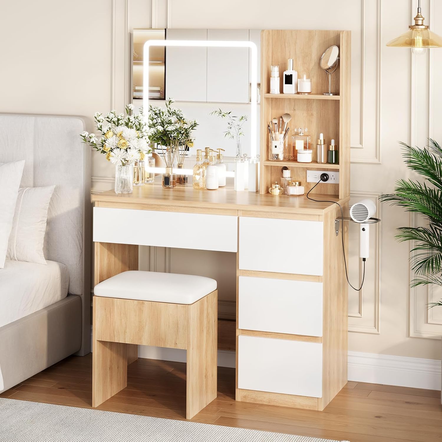 Makeup Vanity Desk with Lighted Mirror, Dressing Table Set with 4 Drawers, Power Outlet, Storage Stool, Storage Shelves, Vanity Mirror 3 Lighting Color Adjustable, Vanity Set for Bedroom, Natural