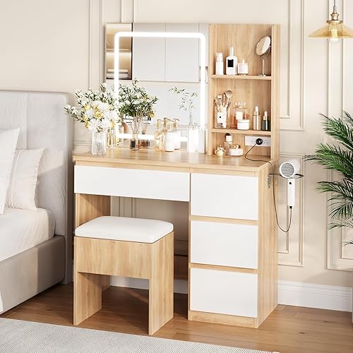 Miniatura 3 de Escritorio de tocador de maquillaje con espejo iluminado, juego de tocador con 4 cajones, toma de corriente, taburete de almacenamiento, estantes de