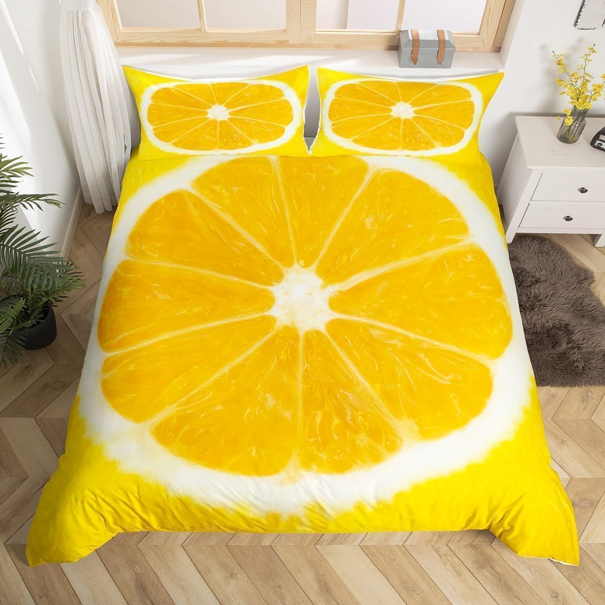 Podwójna poszwa na kołdrę 260 x 240 cm plastry pomarańczy zestaw pościeli z nadrukiem 3D żółty pokrowiec na kołdrę z miękkiej mikrofibry poszewka na kołdrę z zamkami błyskawicznymi i 2 poszewkami na