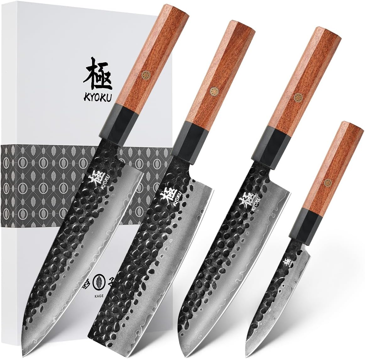 KYOKU 4pc Knife Set, Kage Series Japanese Kitchen Knife Set with Chef Utility Santoku Nakiri Knife, Professional Japanese Style Knives for Chopping Slicing Mincing with Sheaths & Gift Box