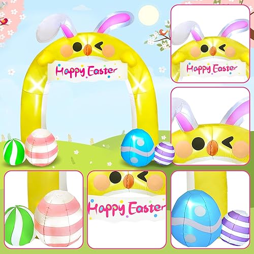 Miniatura 5 de Inflables de Pascua de 10 pies para decoración al aire libre, arco de pollitos inflables de Pascua con orejas de conejo y huevos de Pascua,
