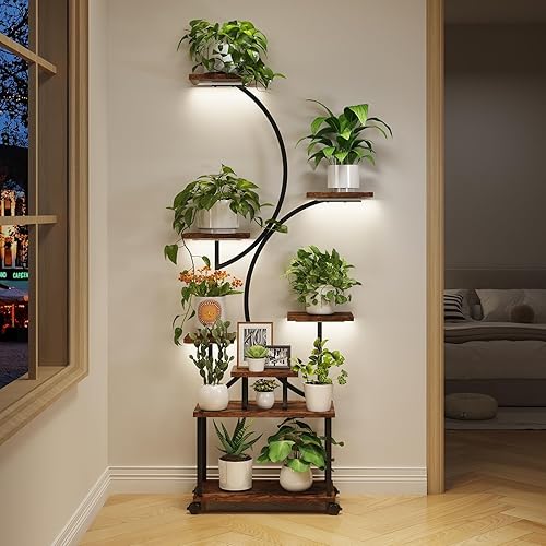 Miniatura 7 de LotFun Soporte para plantas de interior con luces de crecimiento, estante grande de metal de 8 niveles con ruedas y almohadilla para pies, soporte