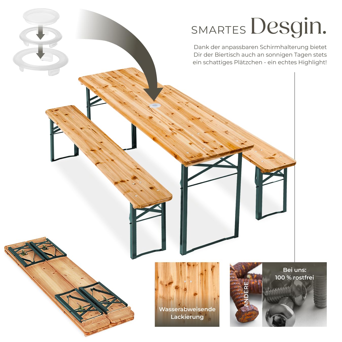 tectake® Bierzeltgarnitur mit Tisch und 2X Bierbank, mit Schirmhalterung und 12 Bodenschoner Bierzeltgarnitur, Balkon Möbel mit 1x Klapptisch und 2X Bierbänke, klappbar, 170 x 46 x 78 cm, lackiert