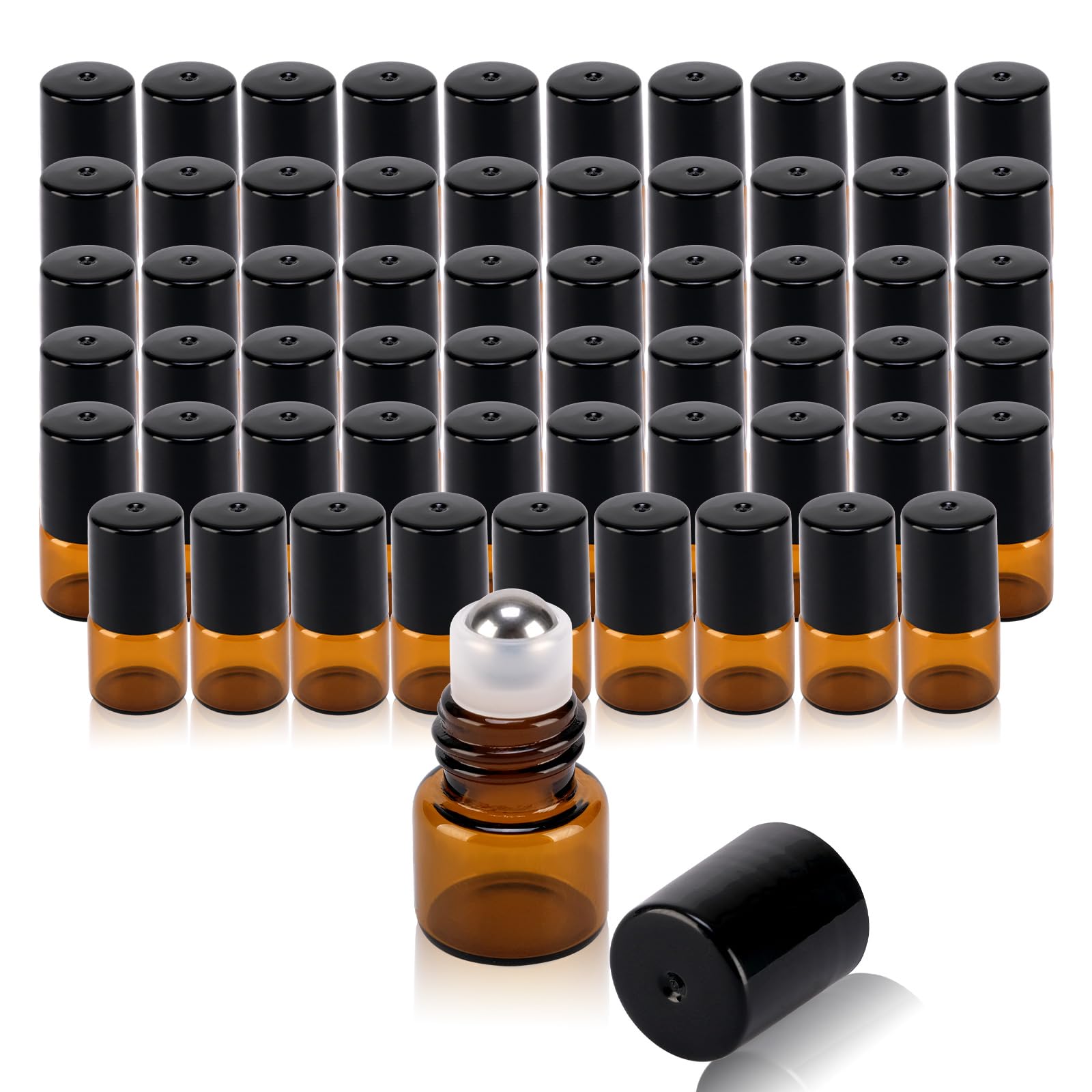 Confezione da 60 flaconi roll-on in vetro ambrato da 1 ml per oli essenziali, ricaricabili, con sfere a rullo in acciaio inox, mini contenitori per trucco a prova di perdite, con pipette e