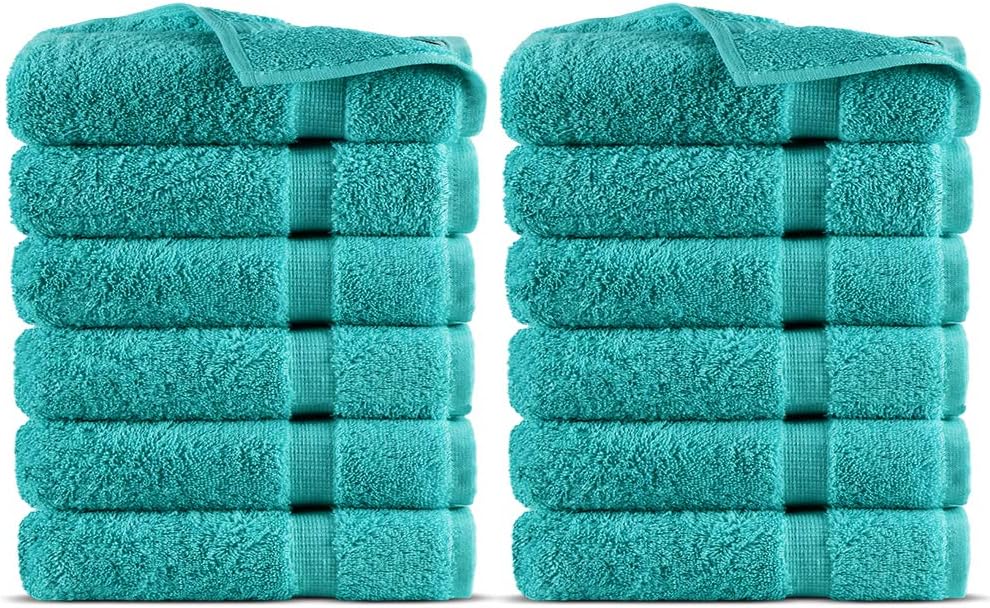 100% Turkish Cotton Towel Set (Aqua, Washcloths - Set of 12)