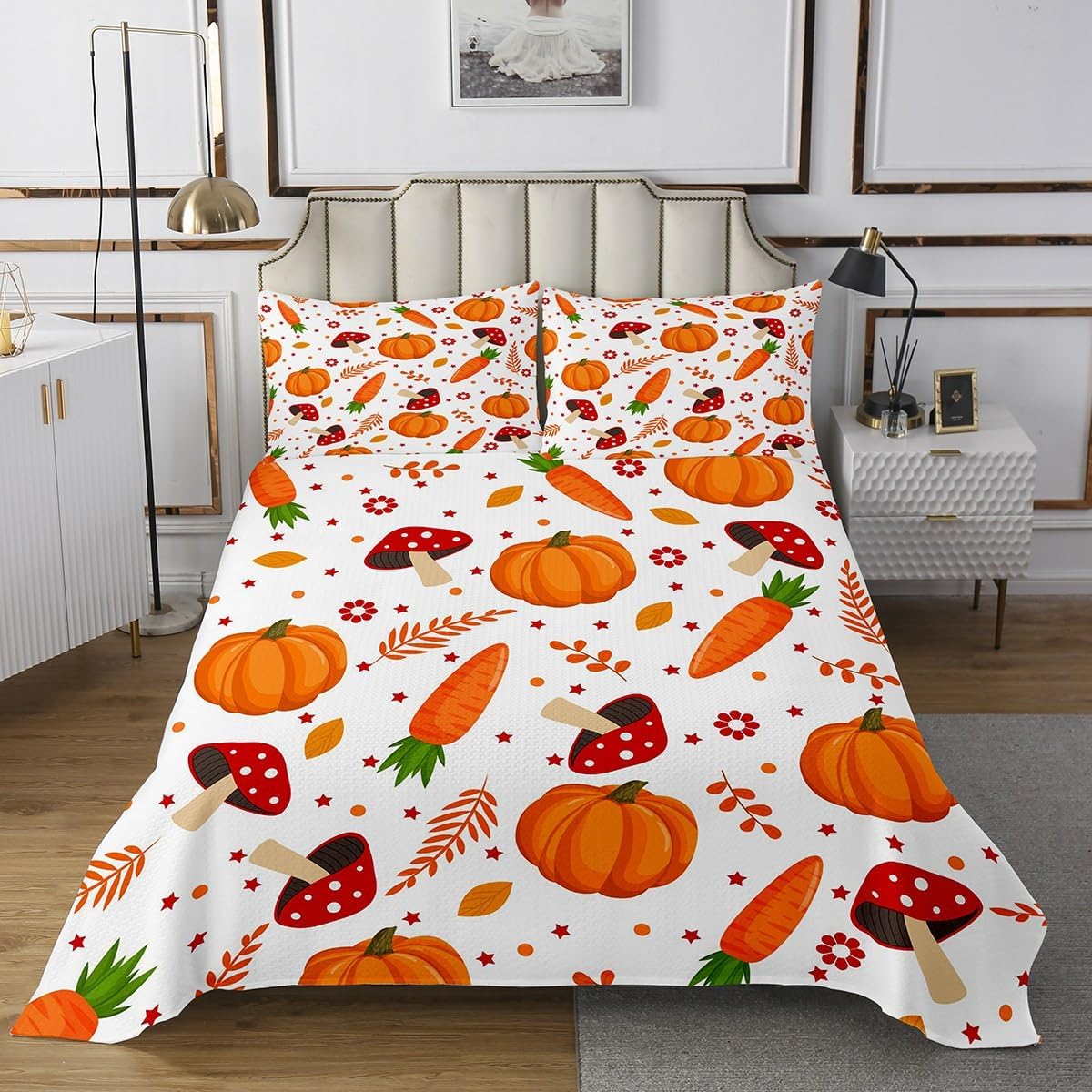 Pumpkin Quilt Set for Girls Boys Kids Red Mushroom Twin Size Coverlet Thanksgiving Bedroom Decorative Autumn Harvest Bedspreads Fall Maple Leaves Daucus Carota Quilted Bedspread 2Pcs Coverlet Set