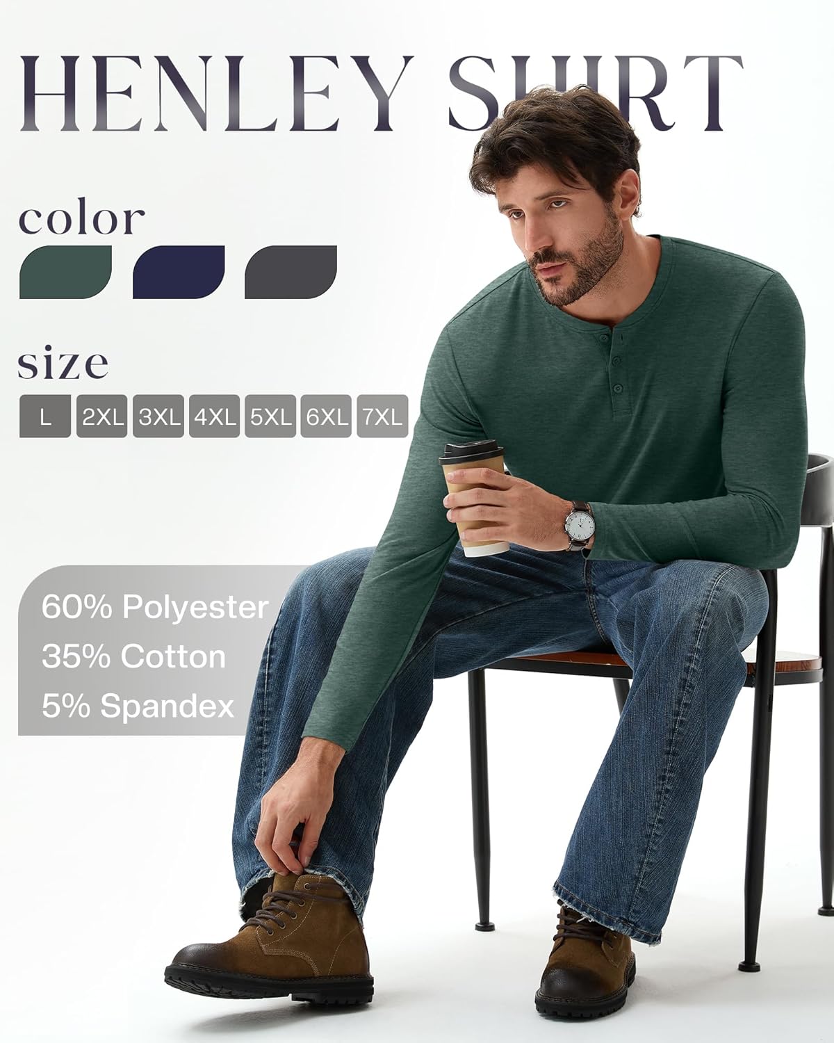 Ficerd 3 Pack Men's Big and Tall Henley T-Shirts Long Sleeve Plus Size Cotton Blend Tee Loose Fit Casual Fall Basic Tops - Image 3