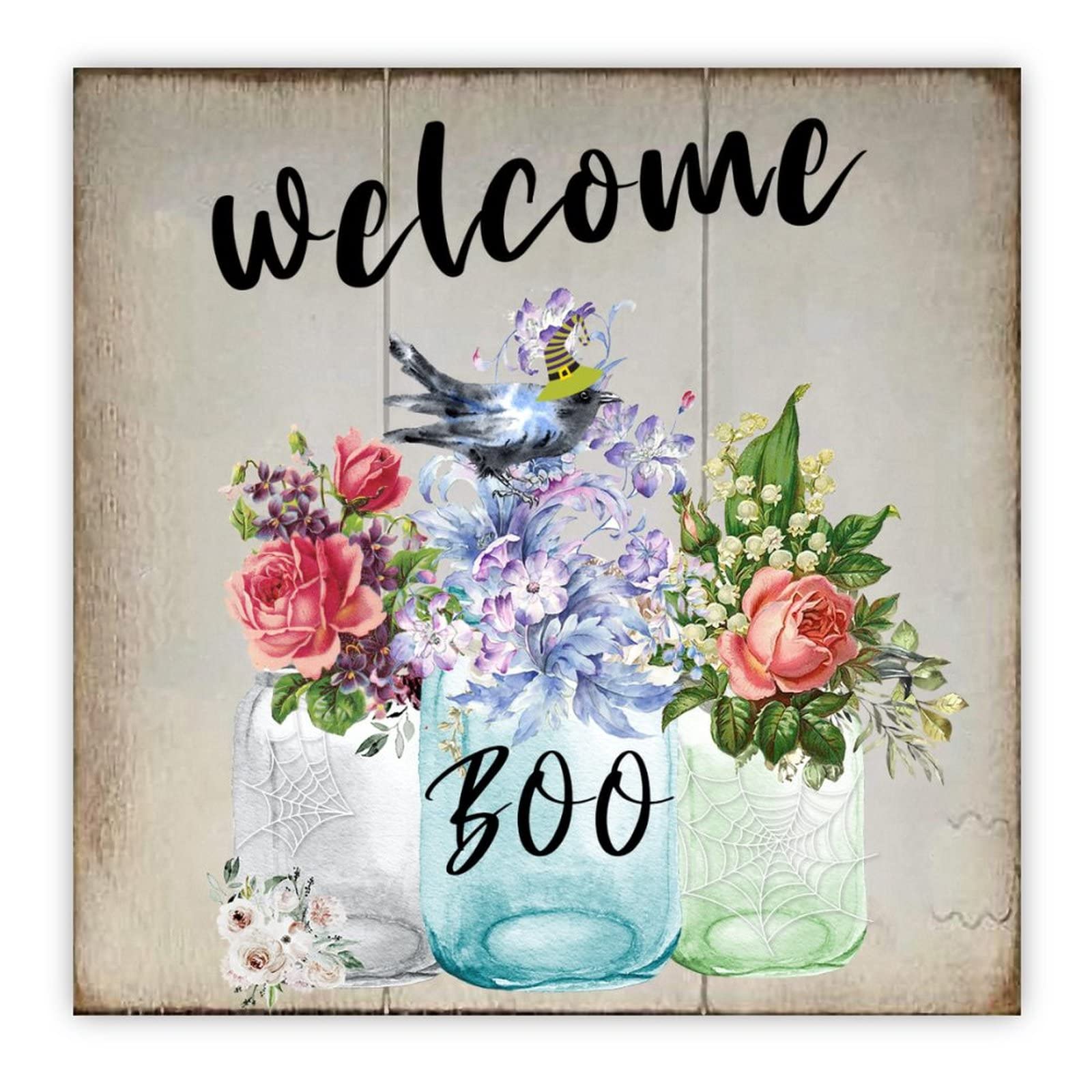 Panneau Halloween bois corbeau citrouille solution déco murale vide