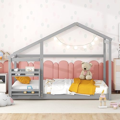Miniatura 171 de KLMM Cama de madera de tamaño matrimonial con valla y puerta, marco de cama de madera para niños o niñas, se puede decorar (valla blanca + puerta)