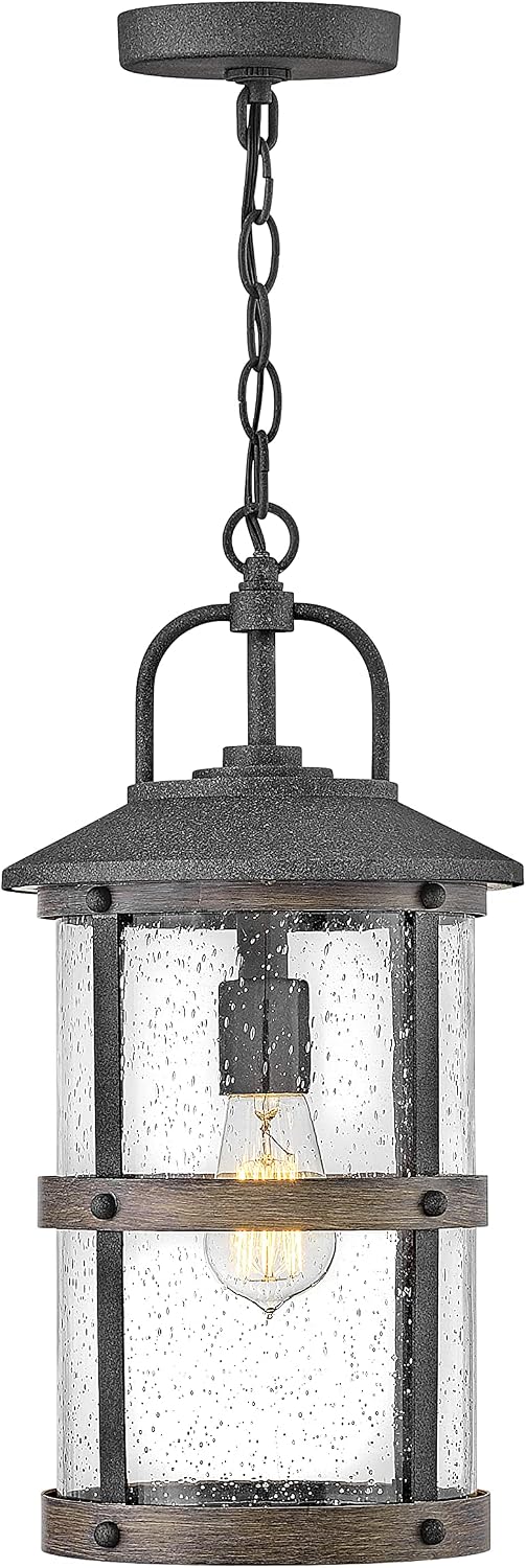 Hinkley Lakehouse One Light Outdoor Medium Hanging Lantern, Aged Zinc/Driftwood Grey w/Clear Seedy Glass