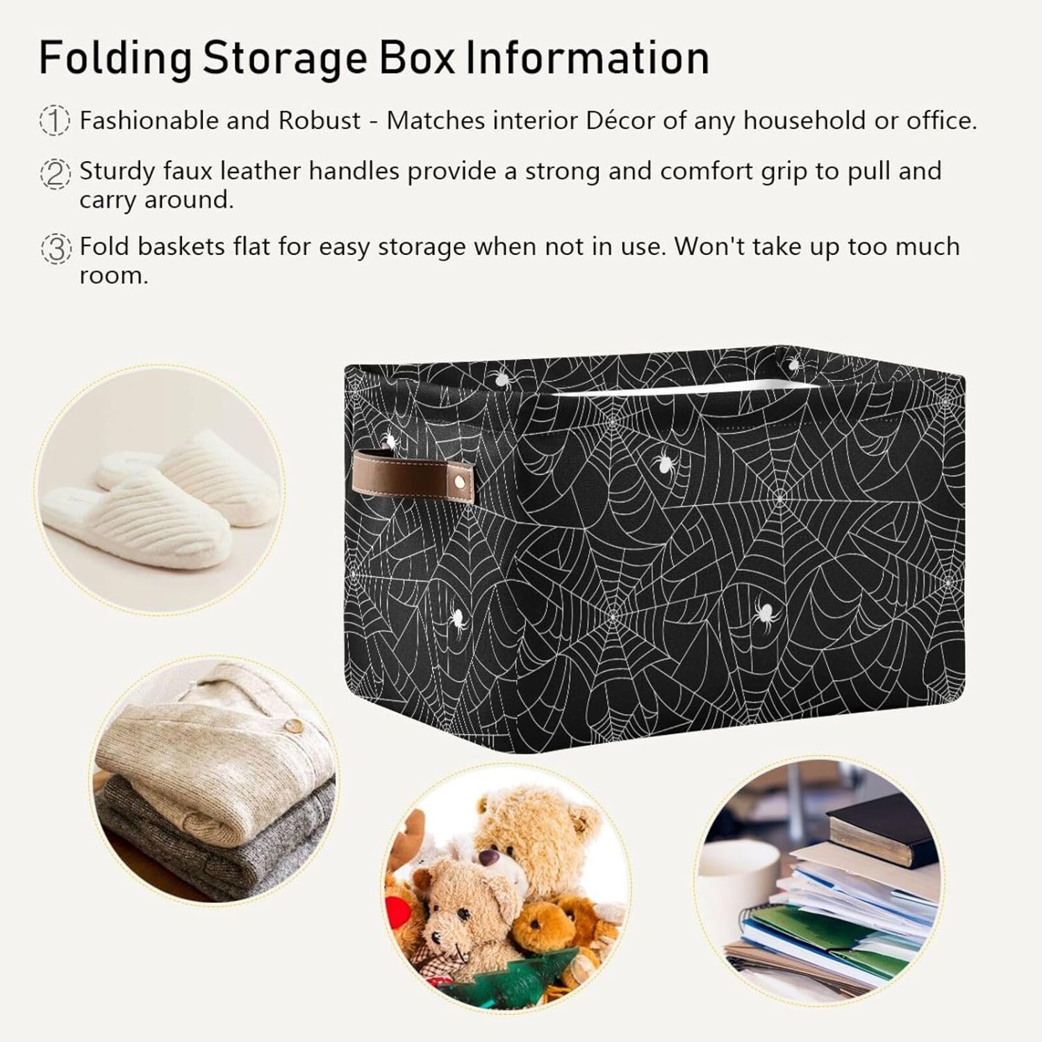 ALAZA Halloween Black Spider Web Large Storage Basket for Organizing Foldable Storage Bin for Shelves Home with Handles 1 Pack