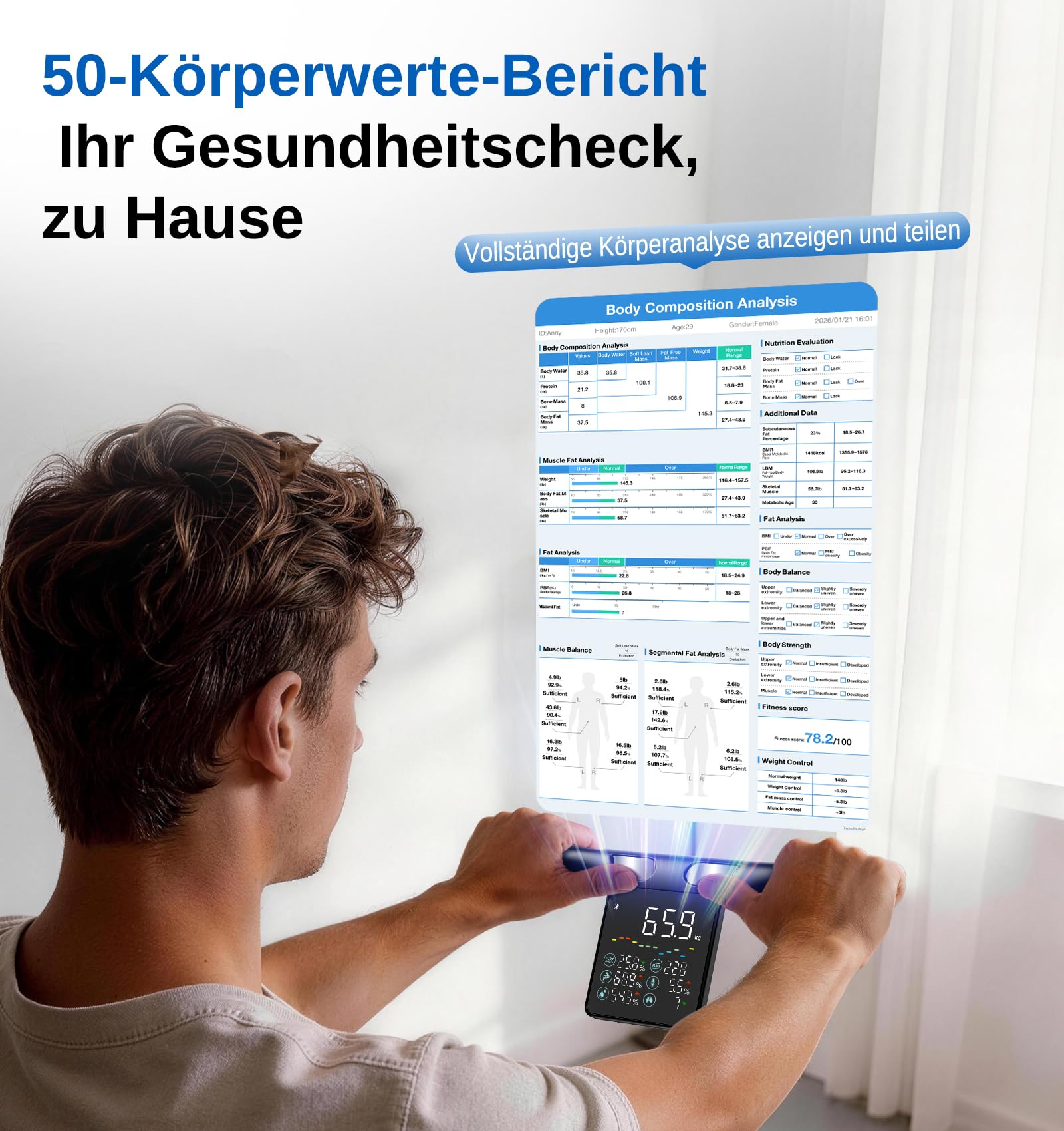 GE Körperfettwaage Digitale Waage Personen, 8 Elektroden Body Waage mit Körperfett und Muskelmasse, BMI, Analyse von 50 Körperparametern, Smart Personenwaage mit Bluetooth 180 kg Black