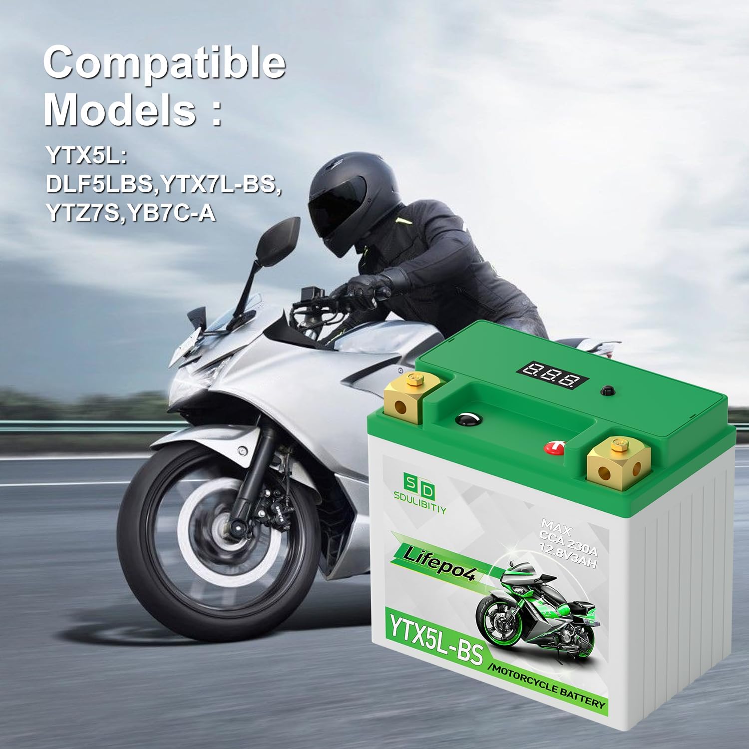 Lithium Motorcycle Battery LiFePO4 YTX5L-BS 12.8V 3Ah 230CCA High Performance Power Sports, Compatible ATV, UTV, 4 wheeler, Scooter, PWC, Seadoo, Polaris and Generator Battery