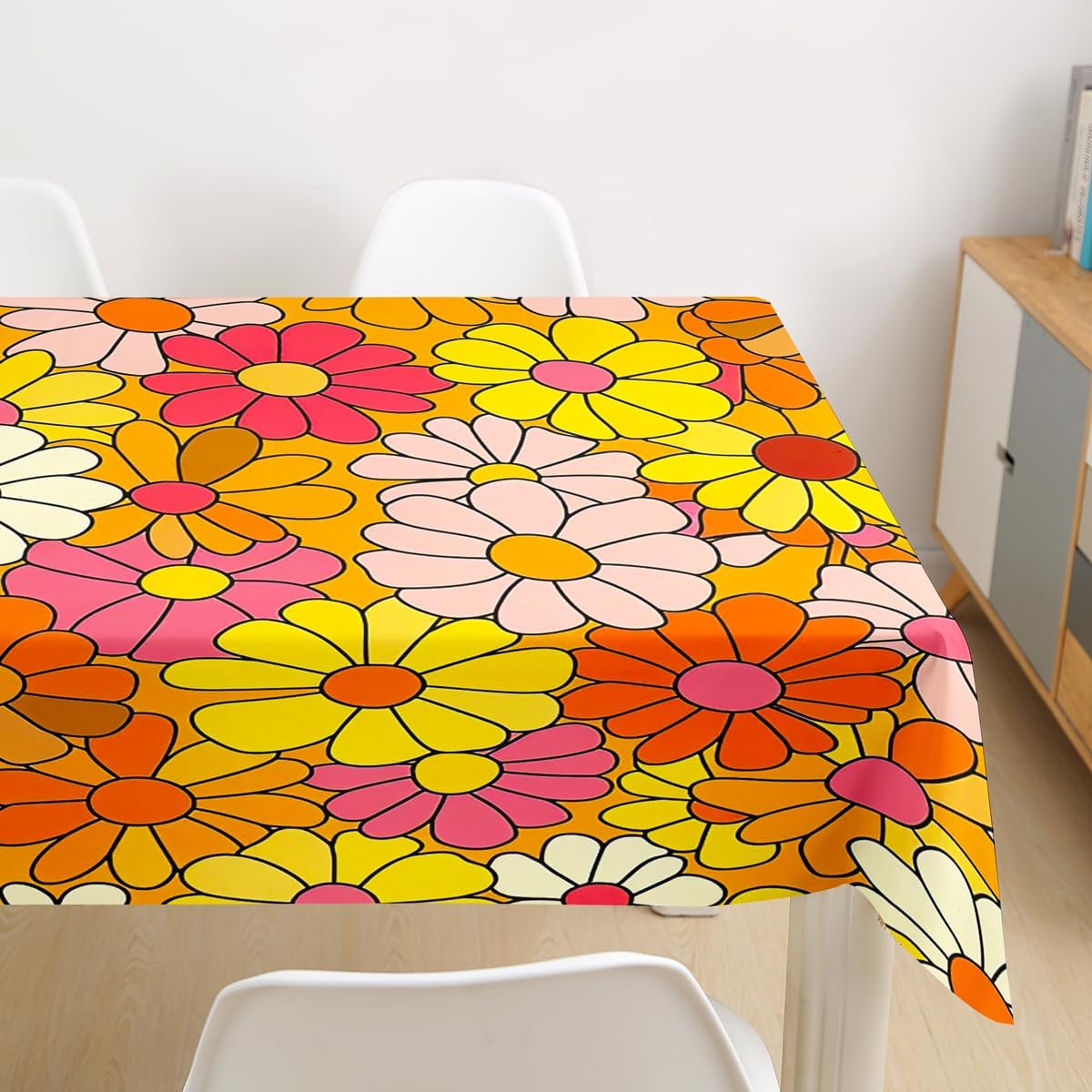 Castle Fairy Bohemian Flowers Table Cloths,70s Floral Table Cover,Hippie Retro Groovy Botanical Microfiber for Dining Kitchen Decorative,Tabletop Decoration 55" Round