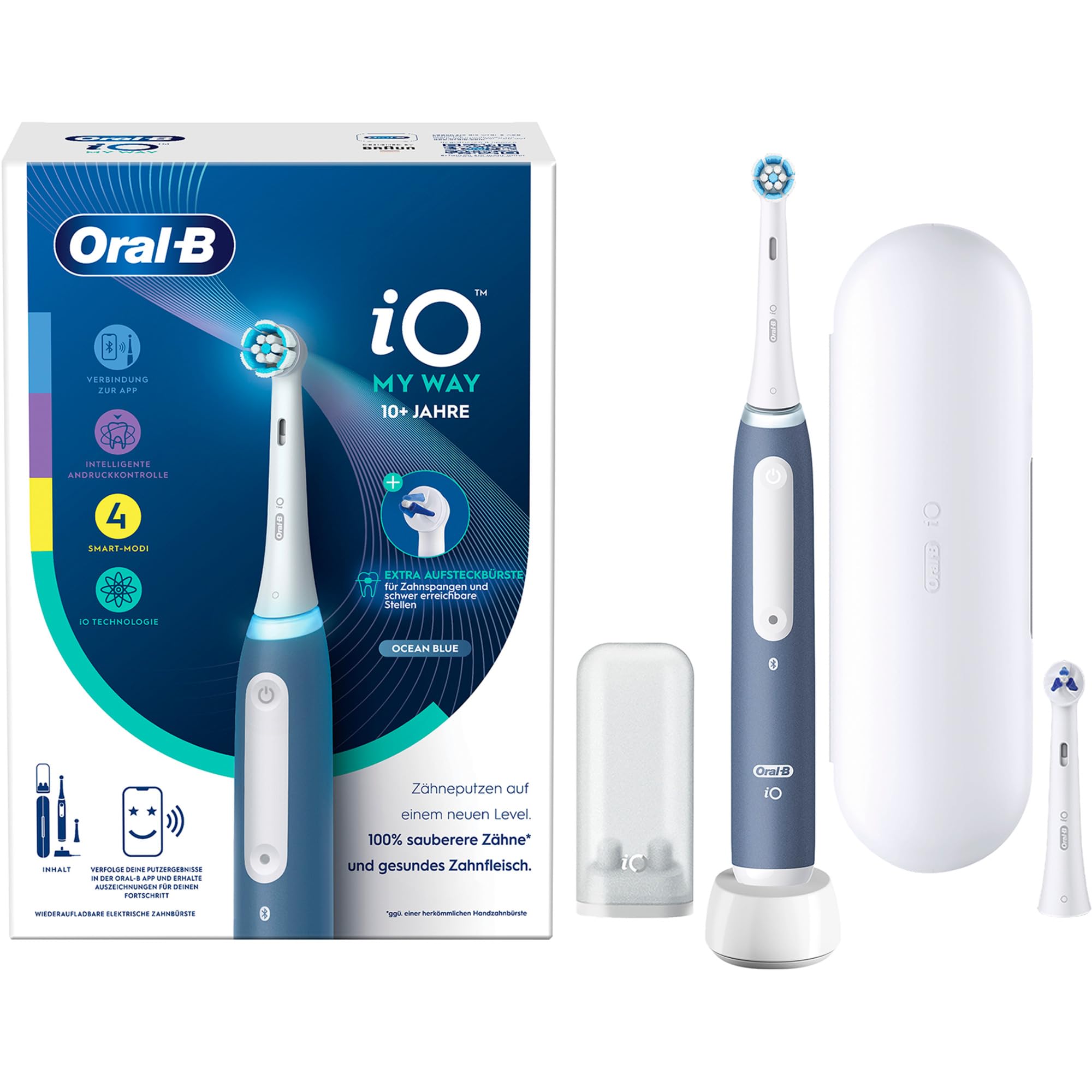 Oral-B iO My Way Electric Toothbrush from 10 Years, 4 Cleaning Modes for Dental Care, Extra Replacement Brush Head for Braces, 1 Travel Case, Designed by Braun, Ocean Blue
