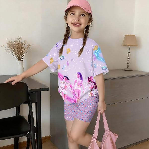 Générique Kpop Girls 2 Piece Set for Boys and Girls Fashion Demon Costume Short Sleeve T-Shirt and Shorts K-Pop Style for Kids - 2