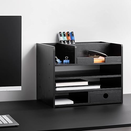 Miniatura 2 de Navaris Organizador de escritorio de bambú, cajones y compartimentos de almacenamiento de mesa de escritorio para organizar papelería, documentos,