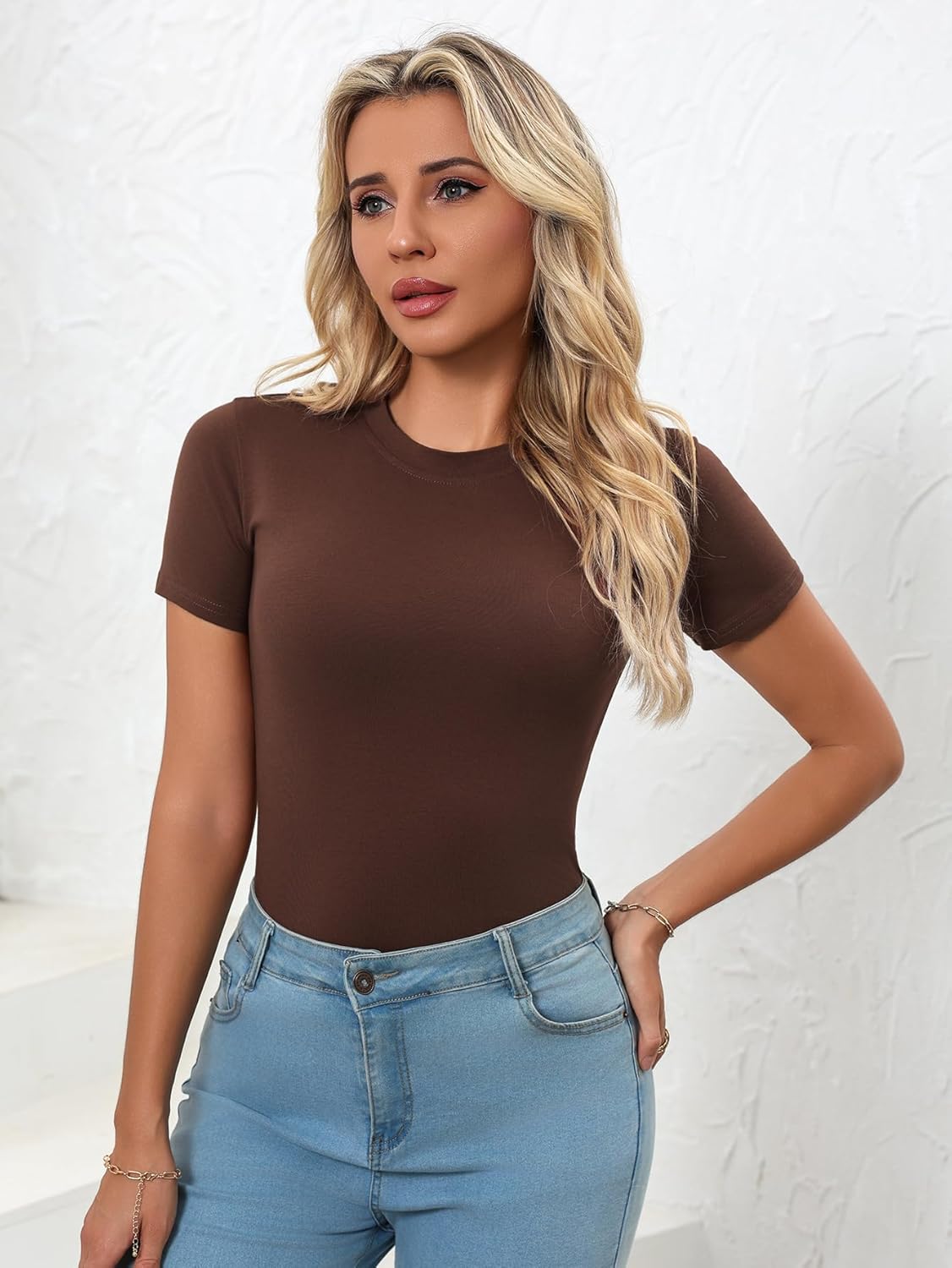 Womens' Stretchy High Neck Short Sleeve Gym Workout Slim Fitted Casual Full Length Top T-Shirt - Image 6