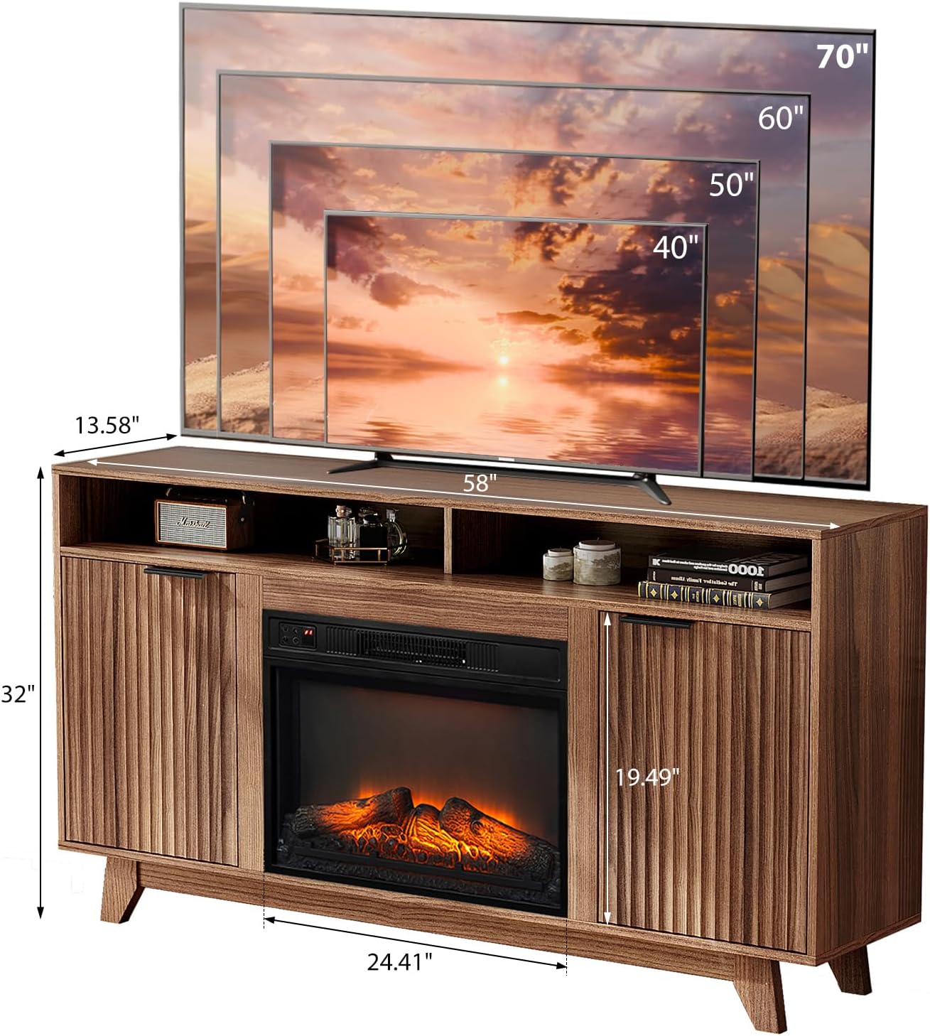 VINGLI Fireplace TV Stand for up to 70 inch TVs, Fluted Entertainment Center with Electric Fireplace Heater & Adjustable Shelves & Open Cabinet, Fireplace Media Console Table for Living Room, Walnut Walunt 58”W x 13.58“D x 32”H