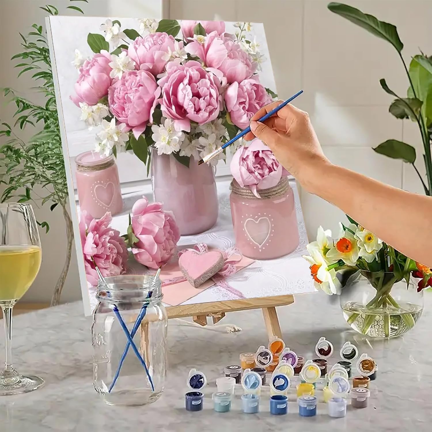 MaiMMaledy Paint by Numbers Kit for Adults Beginners Canvas Pictures with Framed Drawing Painting with Wooden Triangle Easel Pink Flowers *missing paint*