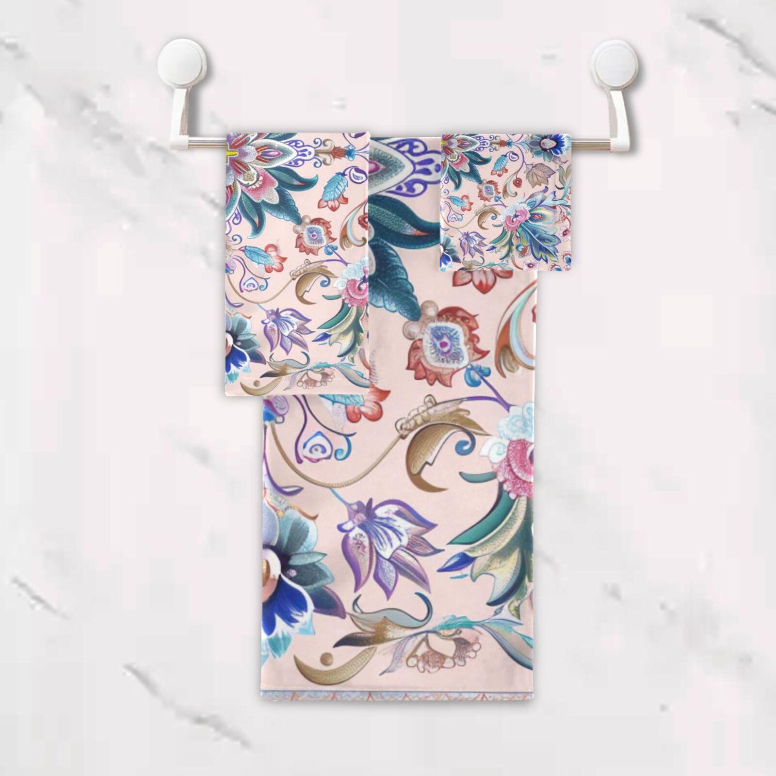 Set di 3 asciugamani morbidi per il viso con fiori di pesco blu, 1 asciugamano da bagno, 1 asciugamano per le mani, 1 panno per la casa, cucina e famiglia