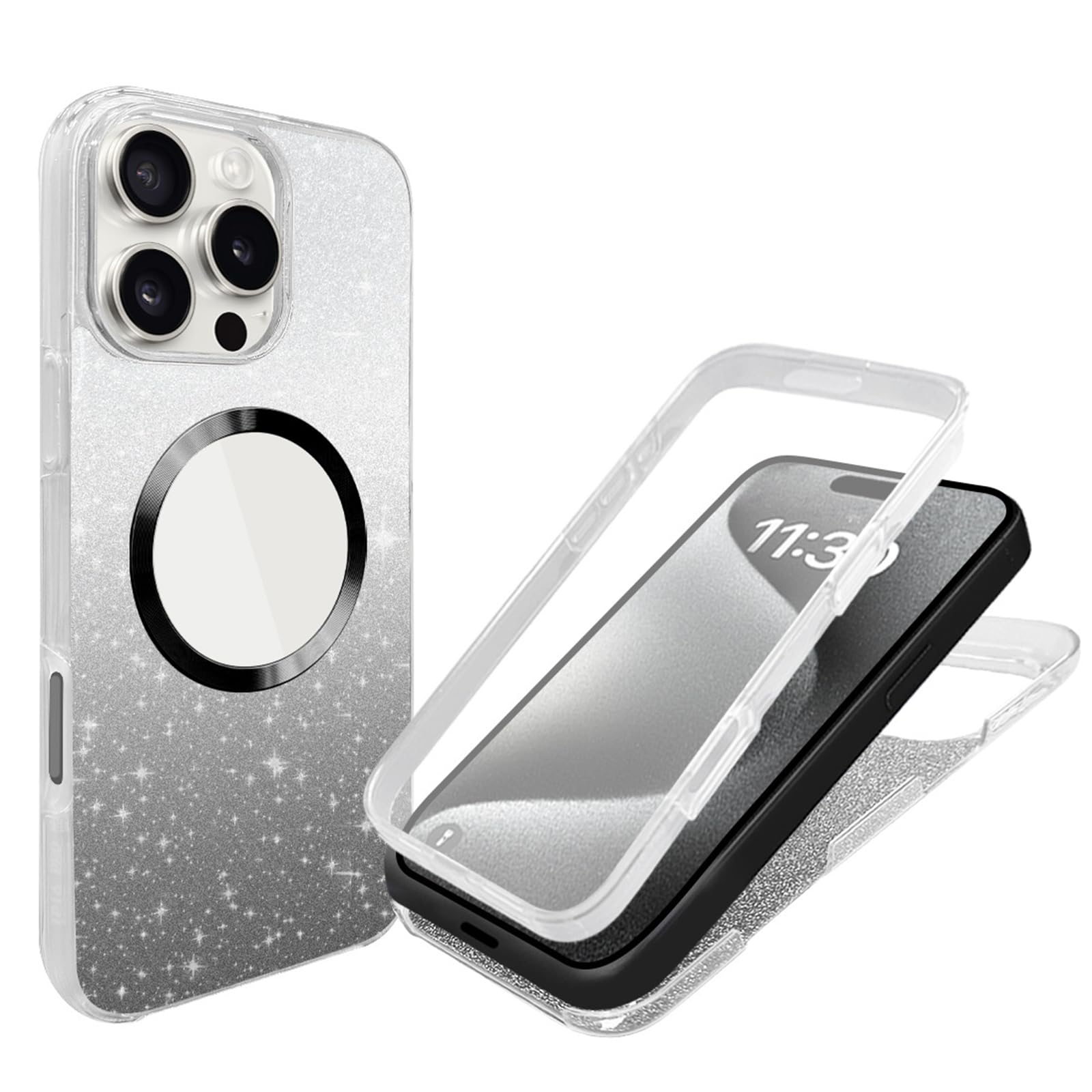 Magnetyczne etui do iPhone'a 16 Pro Max / 16 Pro/16 Plus/16, wbudowana osłona ekranu, brokatowe kryształowe, ochrona telefonu, kolor srebrny, rozmiar 16 Plus