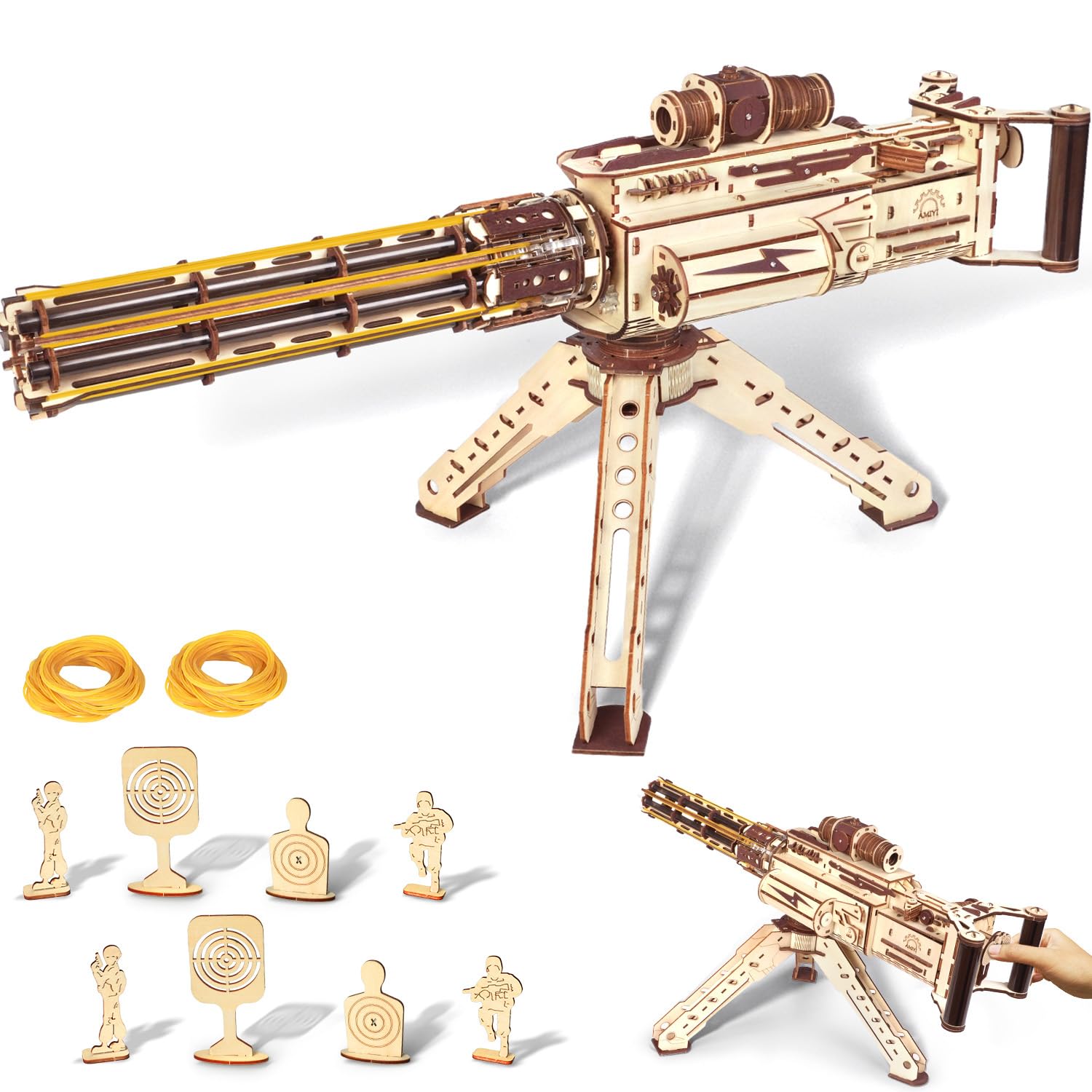 VATOS Wooden Puzzles for Adults 3D Wooden Puzzle Machine Gun Model with Rubber Bands