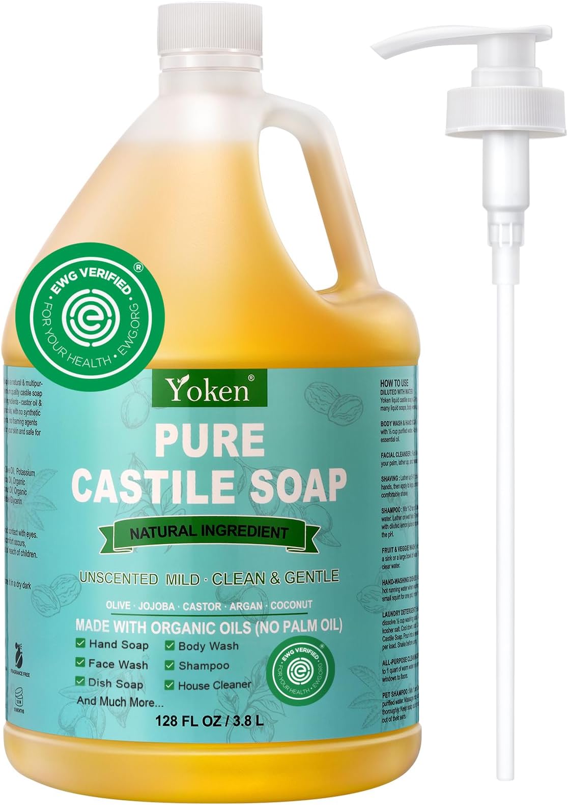 Pure Castile Liquid Soap 128 Oz Unscented Body Wash Dishes with Pump | No Fragrance Vegan Natural Laundry Dishes Mild Sensitive Skin Travel Camp Soaps Body Bath Hand Wash Bulk Size Refill 3.8 L