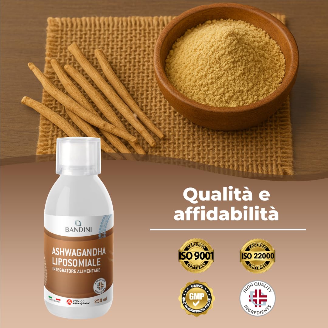 Bandini® Ashwagandha Liposomiale Liquida, Withania Somnifera con il 5% di Withanolidi - Alta Biodisponibilità ed Alto Assorbimento – Effetto Tonico-Adattogeno per Mente e Corpo – Flacone da 250 ml