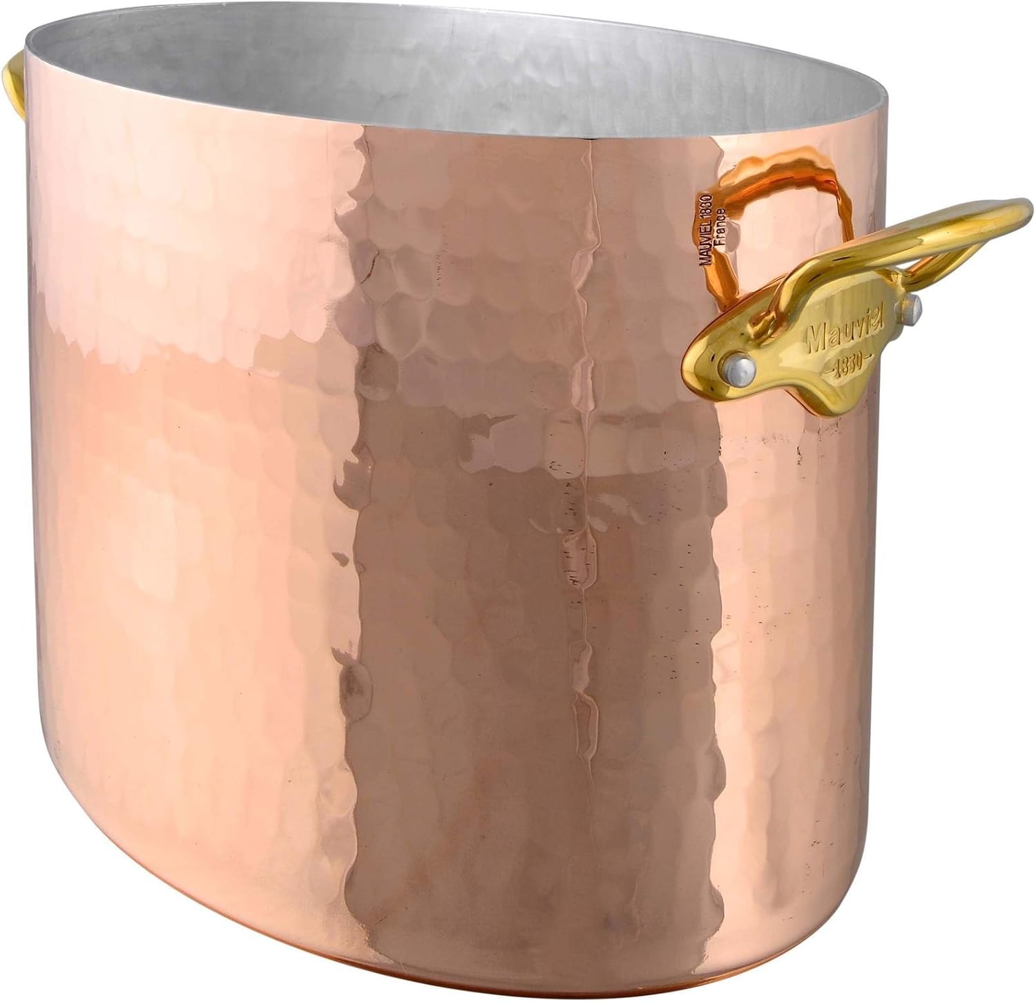 Mauviel M'30 Oval Hammered Copper Champagne Bucket with Brass Handles, 10.2-in, Made in France