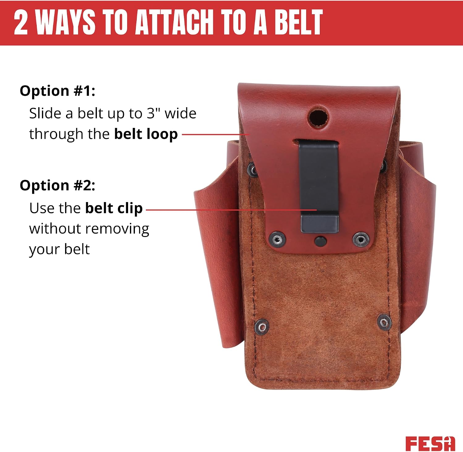 FESA Small Leather Tool Pouch - 5-in-1 Heavy Top Grain Leather Small Tool Pouch with a Steel Hammer Loop, 4 Pockets & Reinforced Heavy Duty Rivets - Fits Belts up to 3" - Handcrafted
