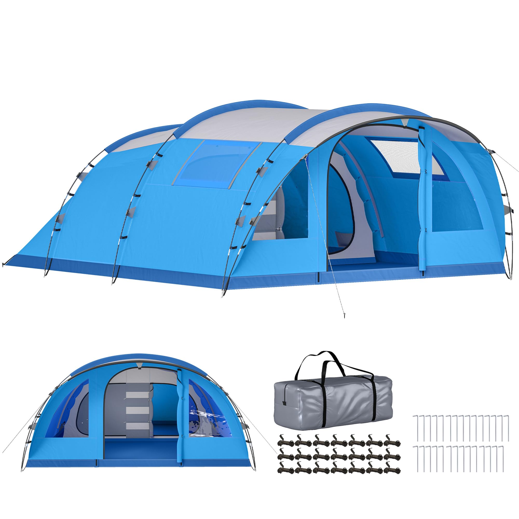 Outsunny Tente de Camping familiale pour 5 Personnes Pliable 3000mm Bleue | Tente tunnel de camping, 3 pièces, porte, 4 fenêtres, porche, sac imperméable, montage facile