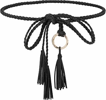 Ayliss Womens Tassel Braided Waist Belt Tie Skinny Woven Belt for Dress Waist Belt Rope Chain with Woven Wooden Beads