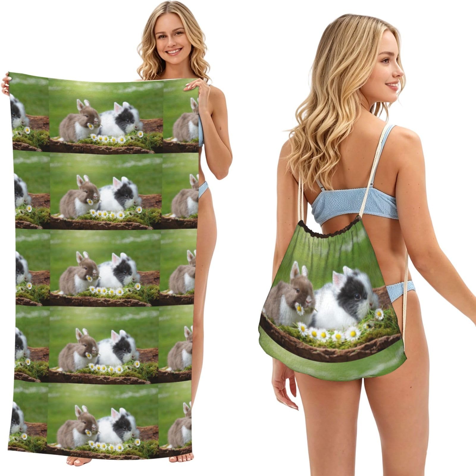 Poadnly As Picture Two Little Cute Rabbits, 2 In 1 Packable Towel Bag, Beach Towels With Drawstring Backpack For Travel Holiday Camping
