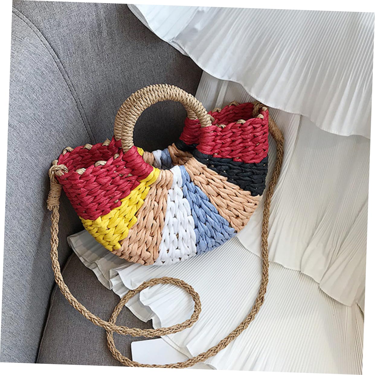 VANZACK Borsa in Paglia Intrecciata Grande da Spiaggia, Stile Estivo | Atmosfera Estiva, Tracolla Leggera Artigianale, Forma Pouch Multifunzione per Shopping e Viaggio