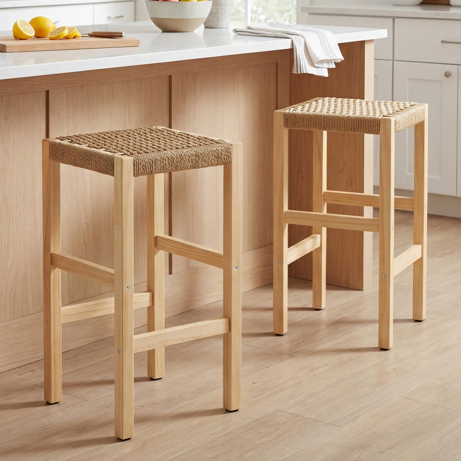 chairus 2PCS Taburetes de Bar de Madera con Tejido Natural de Cuerda