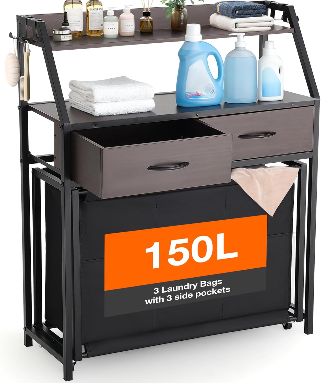 Laundry Hamper with Shelf, 2 Tier Rolling Laundry Hamper 3 section, Laundry Sorter Basket with Wheels, Pull-Out Removable Large Bags, Metal Frames, Wood Drawers for Bathroom, 150L, Rustic Brown