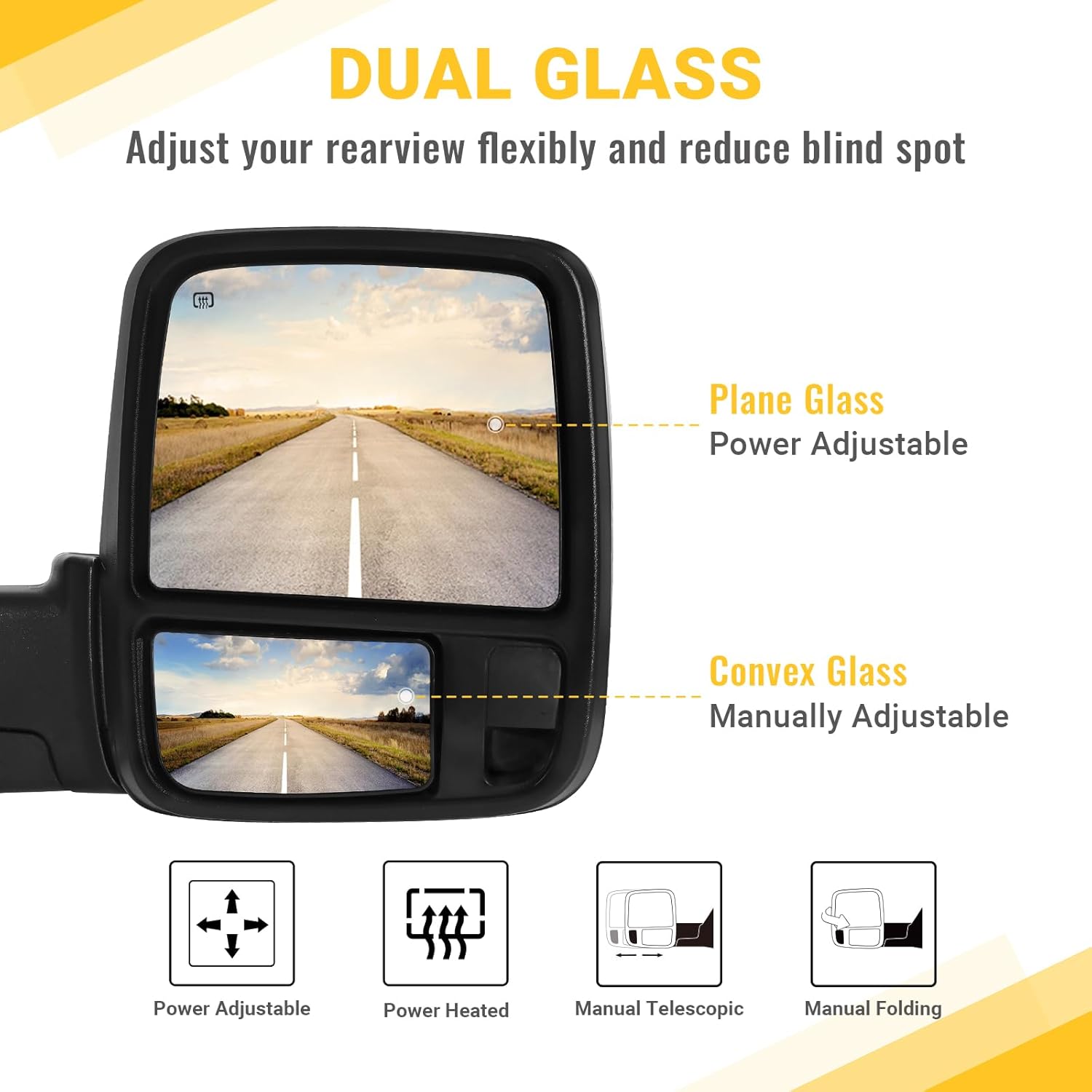 Sanooer Towing Mirrors for 2009-2018 Dodge Ram 1500, 2010-2018 Ram 2500 3500, 2019-2024 Dodge 1500 Classic Temp Sensor Power Adjustable Glass Heated Function Turn Signal Running Light, Chrome